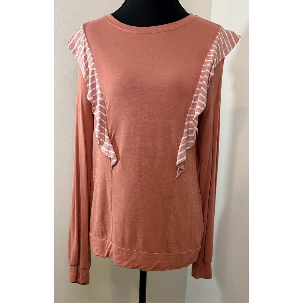 CUPiO Women Peach Striped Ruffle‎ Long Sleeve Top Shirt Size S P CH